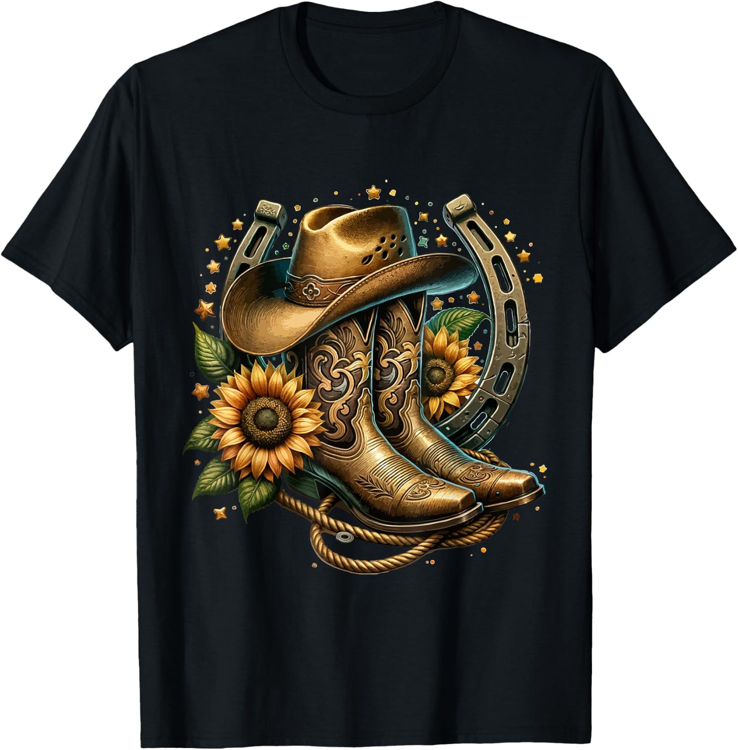 Vintage Rustic Western Country Cowboy Boot Art - Women's Western Themed Floral Boot, Rope & Hat - Black, Small T-Shirt - T-Shirt | Black