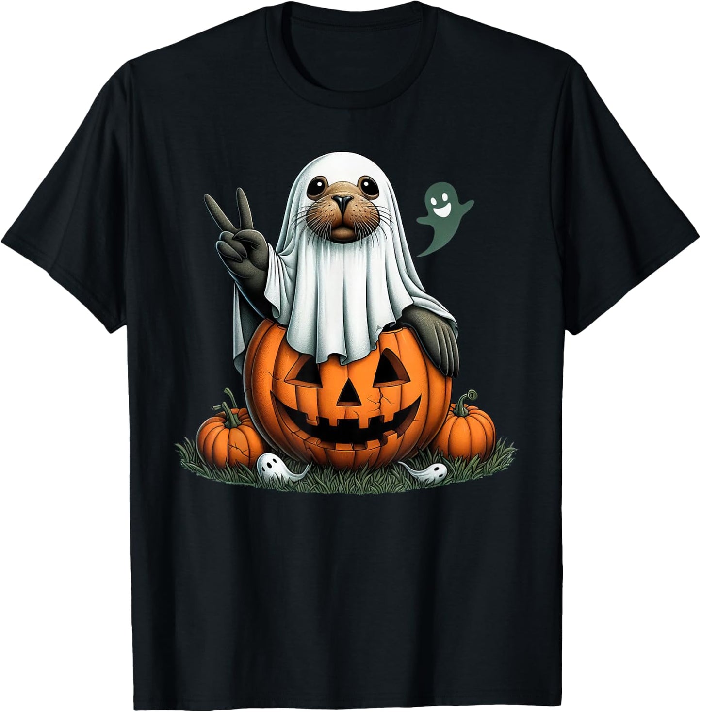 Funny Sea Lion Boo Halloween Ghost Kids T-Shirt - T-Shirt | Black