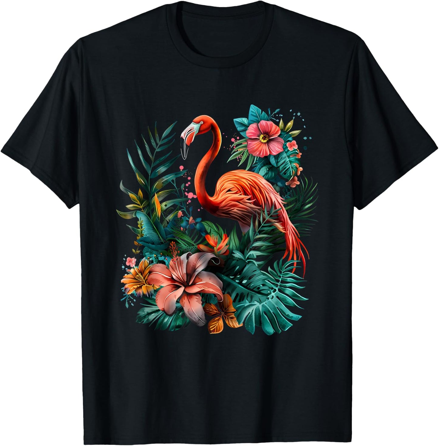Pink Flamingo Bird Floral Artwork Nature Pink Flamingo Bird T-Shirt - T-Shirt | Black