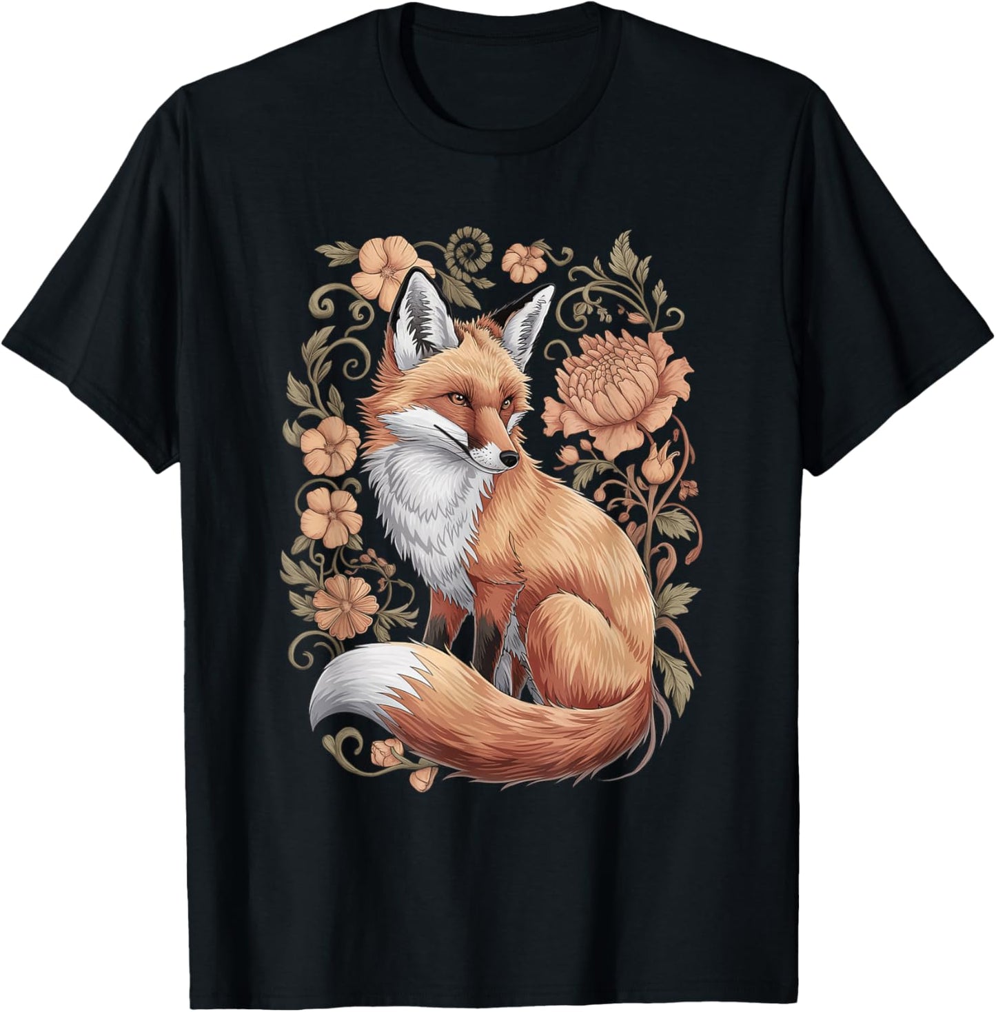 Fox Silhouette Floral Flowers Foxes Goblincore Aesthetic T-Shirt - T-Shirt | Black