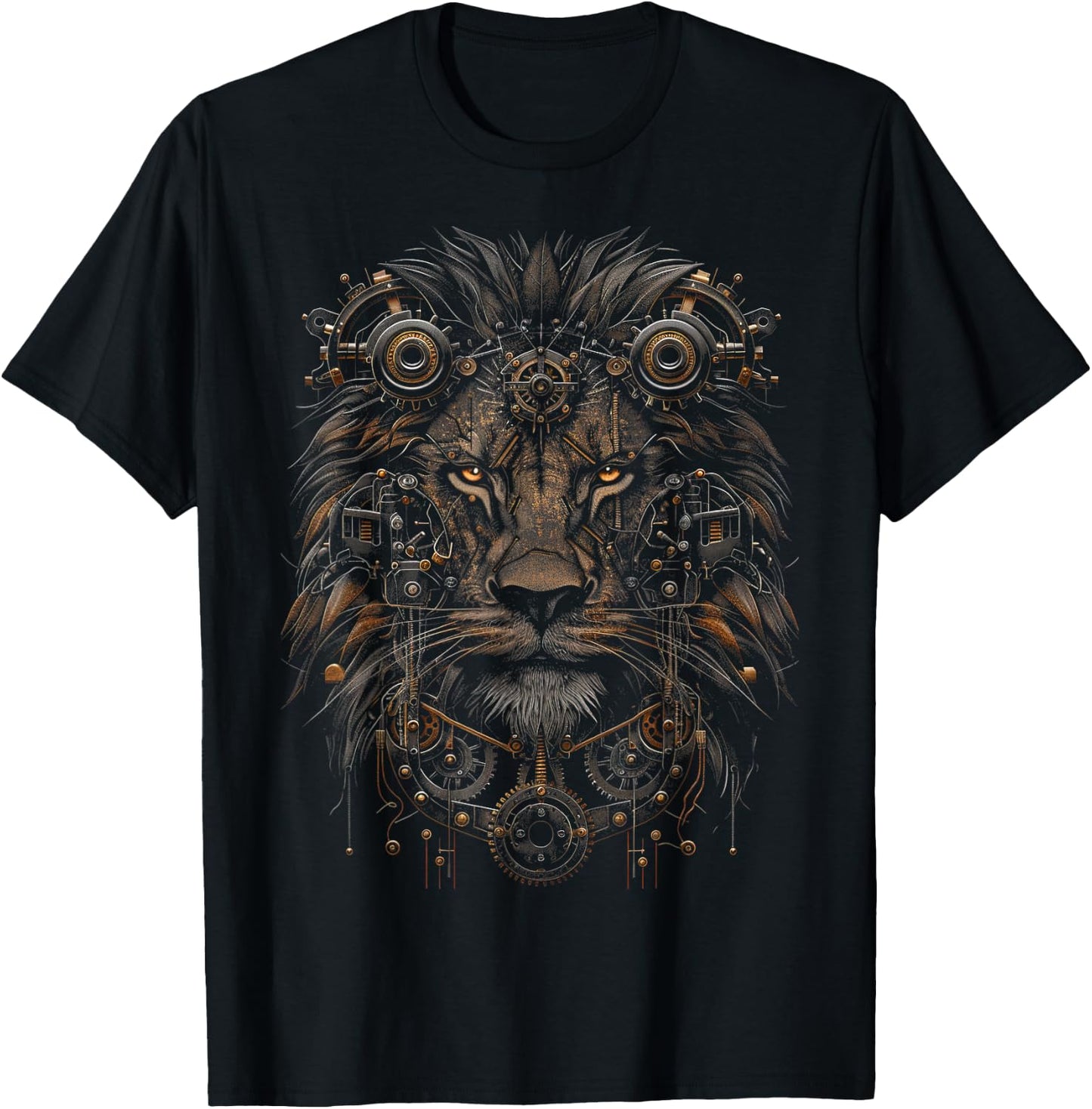 Steampunk Lion Bronze And Black Artwork Graphic T-Shirt - T-Shirt | Black