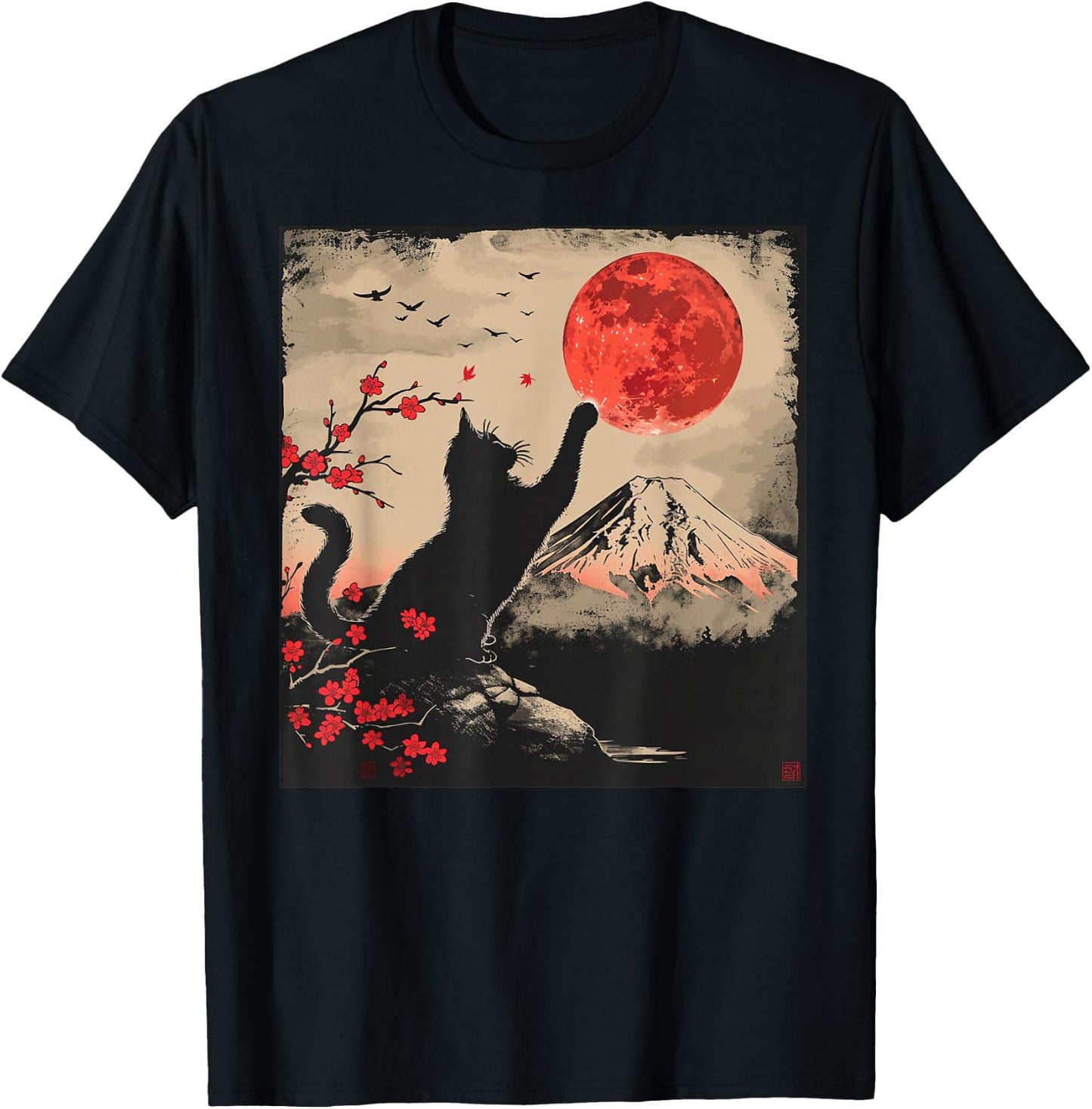 Vintage Japan Art Japanese Theme Retro Print Black Cat T-Shirt - T-Shirt | Black