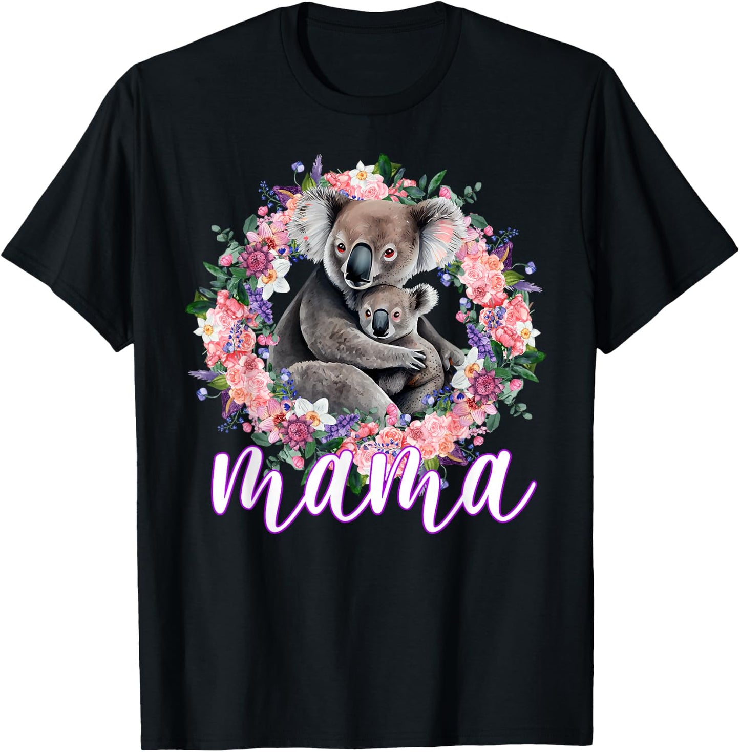 Flowers Mom & Cute Baby Koala - Animal Mama Mother's Day T-Shirt - T-Shirt | Black