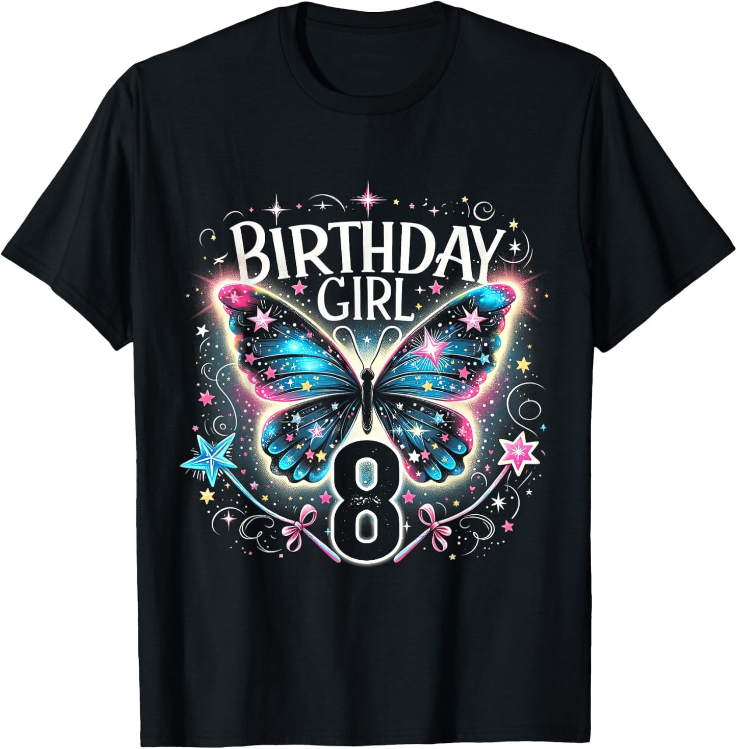 8th Birthday Girl Butterflies 8 Years Old Girls Butterfly T-Shirt - T-Shirt | Black