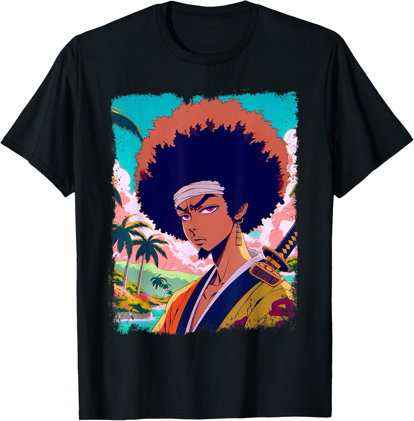 Afro-American Samurai Anime Manga Fighter Japanese Graphic T-Shirt - T-Shirt | Black