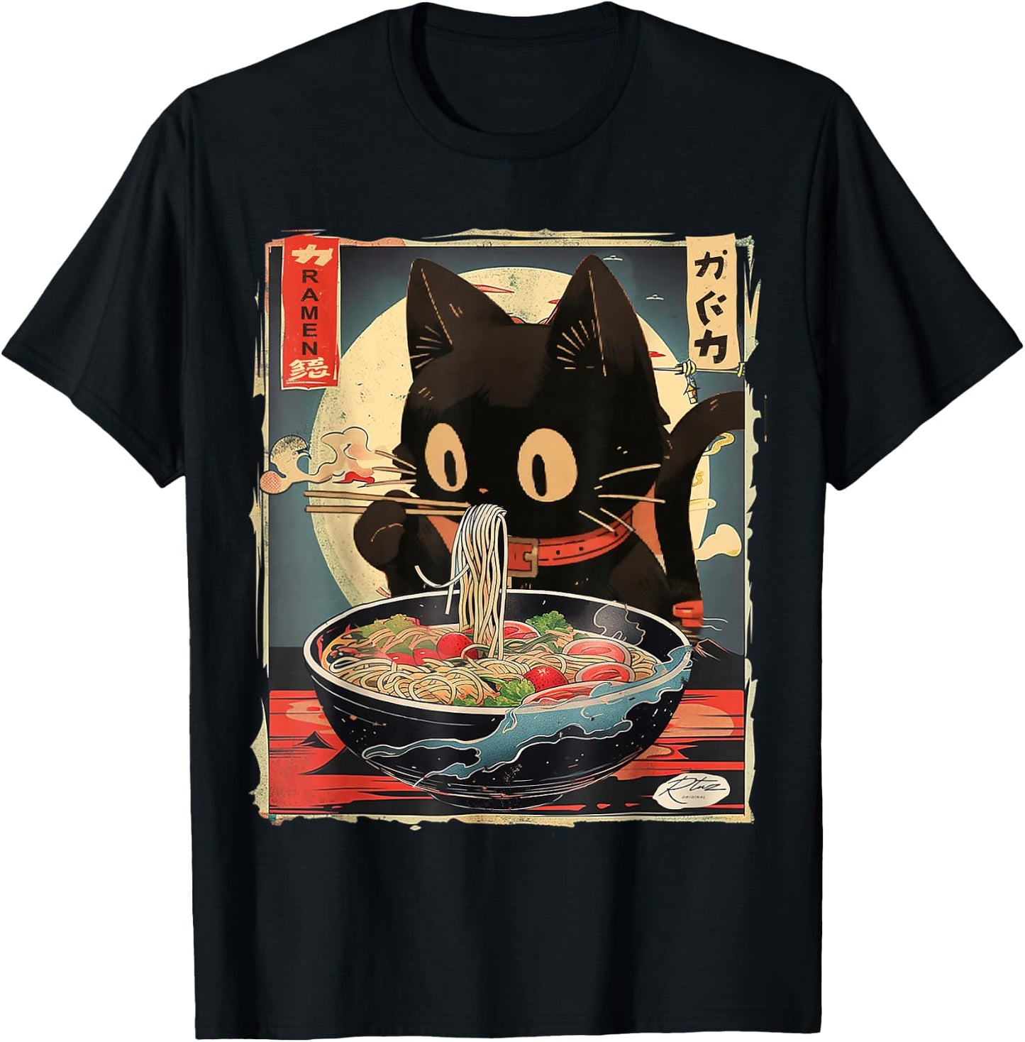 Cat Ramen Manga Anime for Kids Boys Girls Teens Kawaii Cat Eating Ramen Noodles Anime Gift Girls Teens T-Shirt - T-Shirt | Black