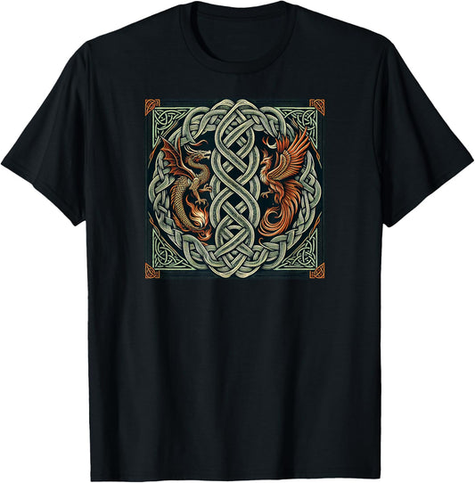 Intricate Celtic Knot with Dragon and Phoenix T-Shirt - T-Shirt | Black
