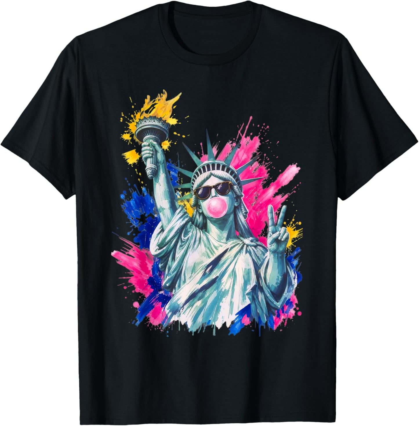 Preppy Statue of Liberty Blowing Bubble Gum 4th of July T-Shirt - T-Shirt | Black