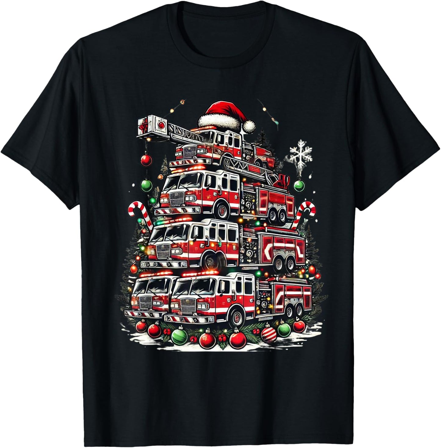 Firefighter Fire Truck Christmas Tree Lights Santa Fireman T-Shirt - T-Shirt | Black