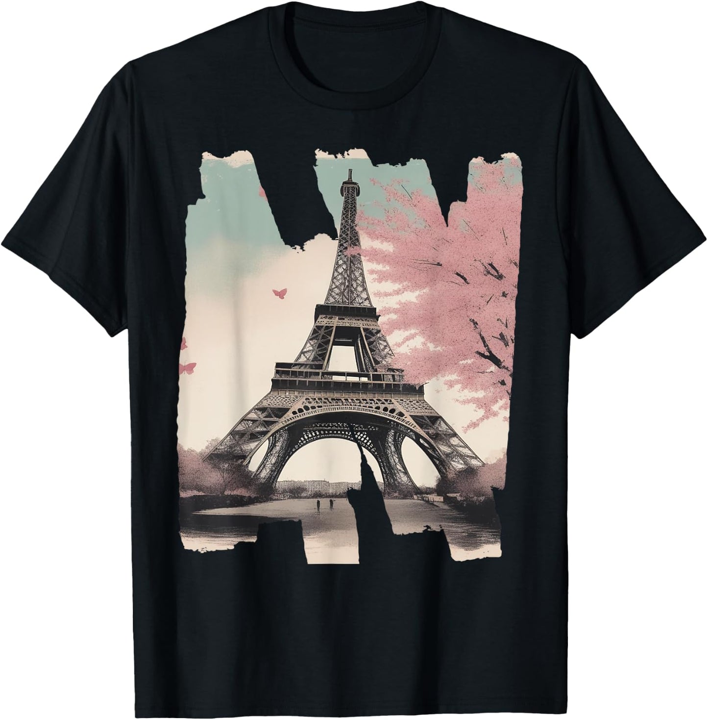Eiffel Tower Souvenir Paris Cherry Blossom Bonjour French T-Shirt - T-Shirt | Black