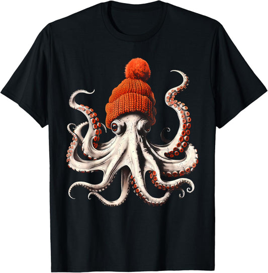 Octopus Wearing Beanie Retro Graphic Marine Biology Ocean T-Shirt - T-Shirt | Black