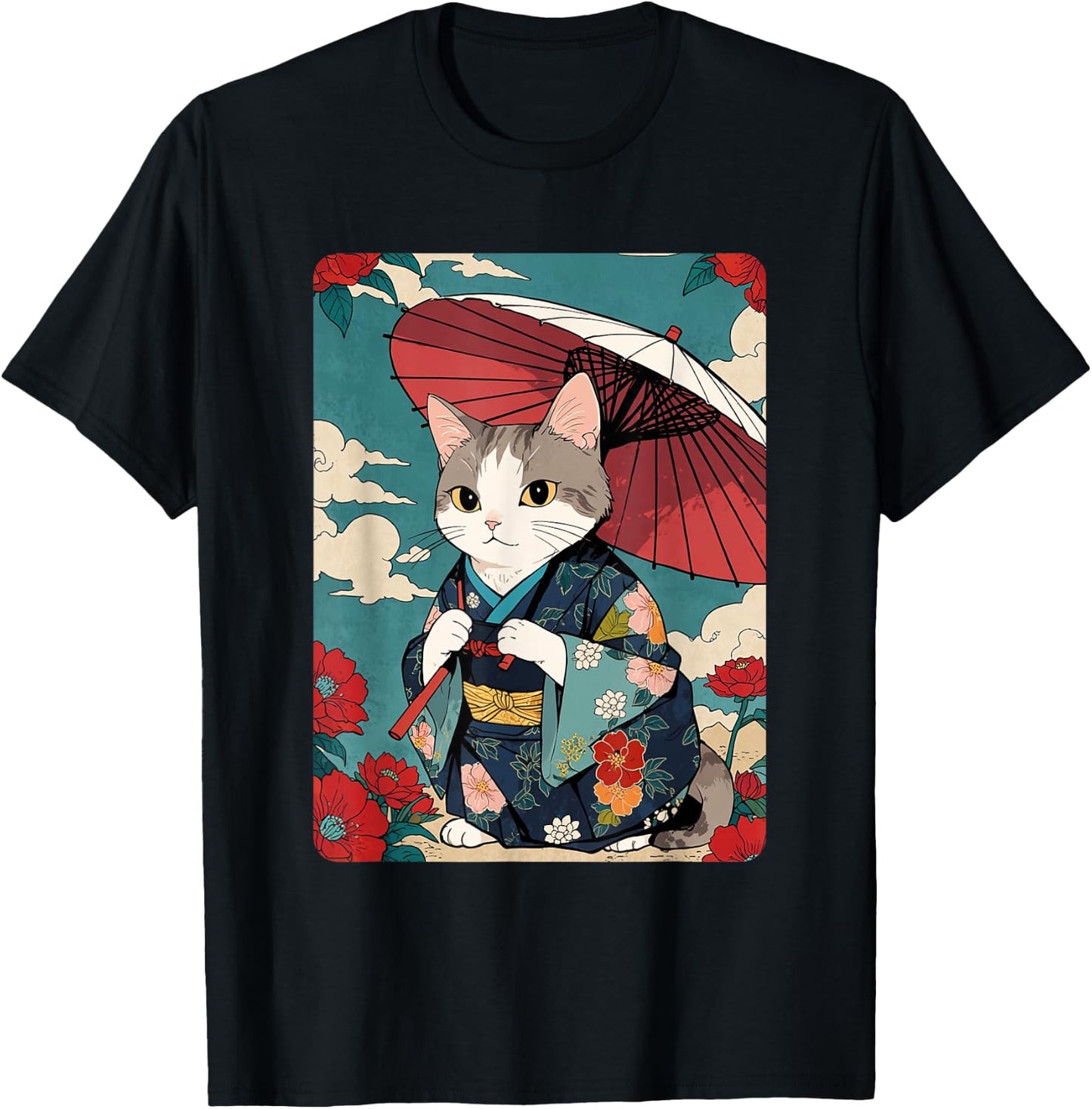 Cute Geisha Cat Japanese Cat Retro Neko Vintage Art Ukiyo-e Men Women Girls Kids T-Shirt - T-Shirt | Black