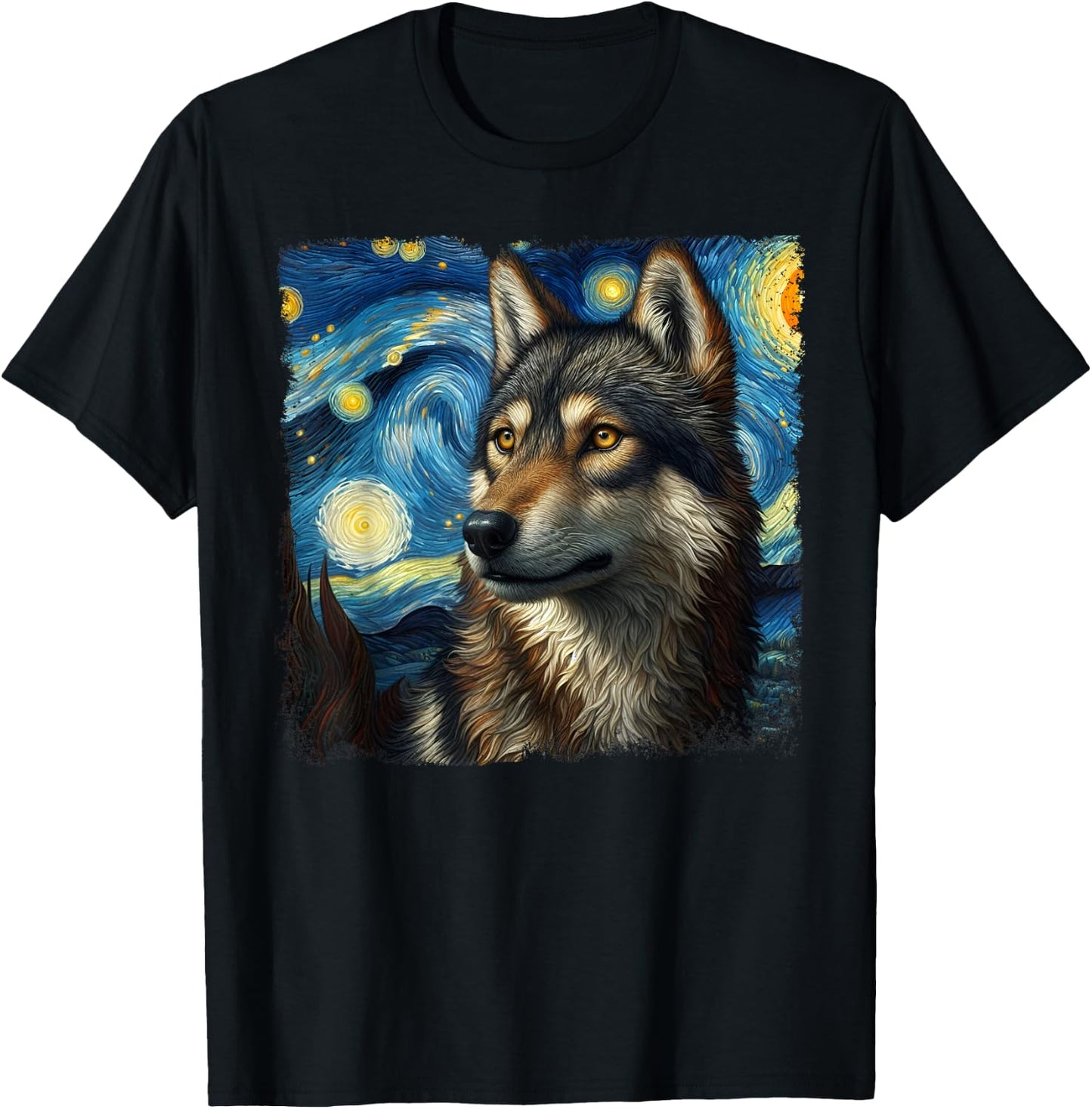 Wolf Starry Night Van Gogh Painting Wolves Lovers T-Shirt - T-Shirt | Black