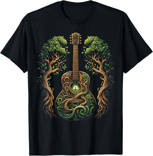 Acoustic Guitar Tree Nature Lover Guitarist Guitar Player T-Shirt - T-Shirt | Black