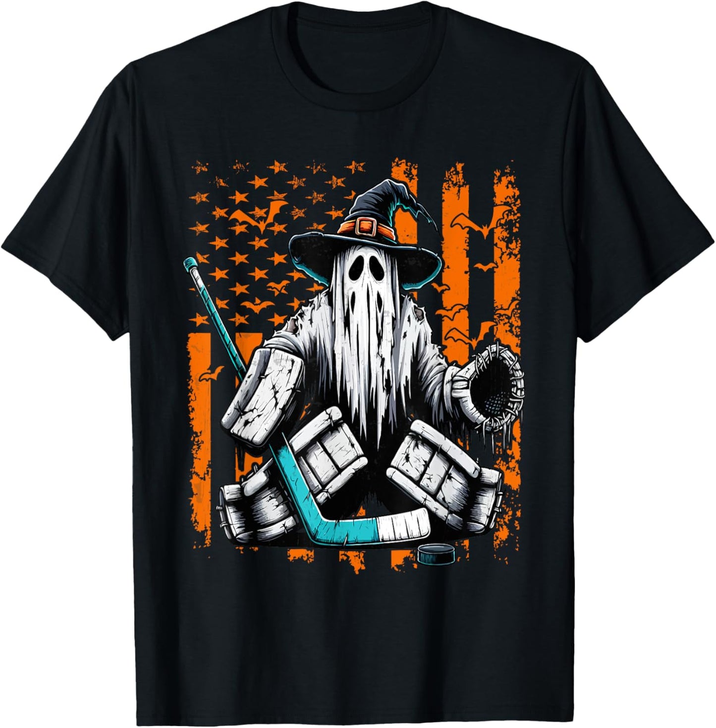 Hockey Goalie Ghost Halloween American Flag Ice Hockey T-Shirt - T-Shirt | Black