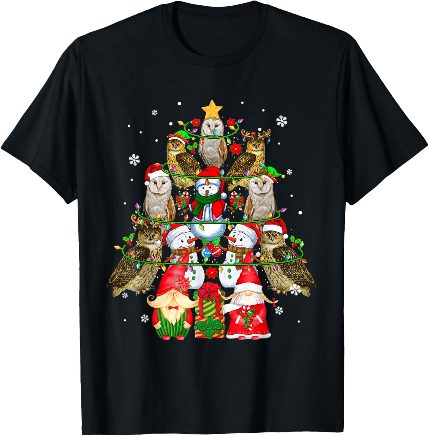 Group Santa Owls With Snowmen Gnomes As Xmas Tree Lover T-Shirt - T-Shirt | Black