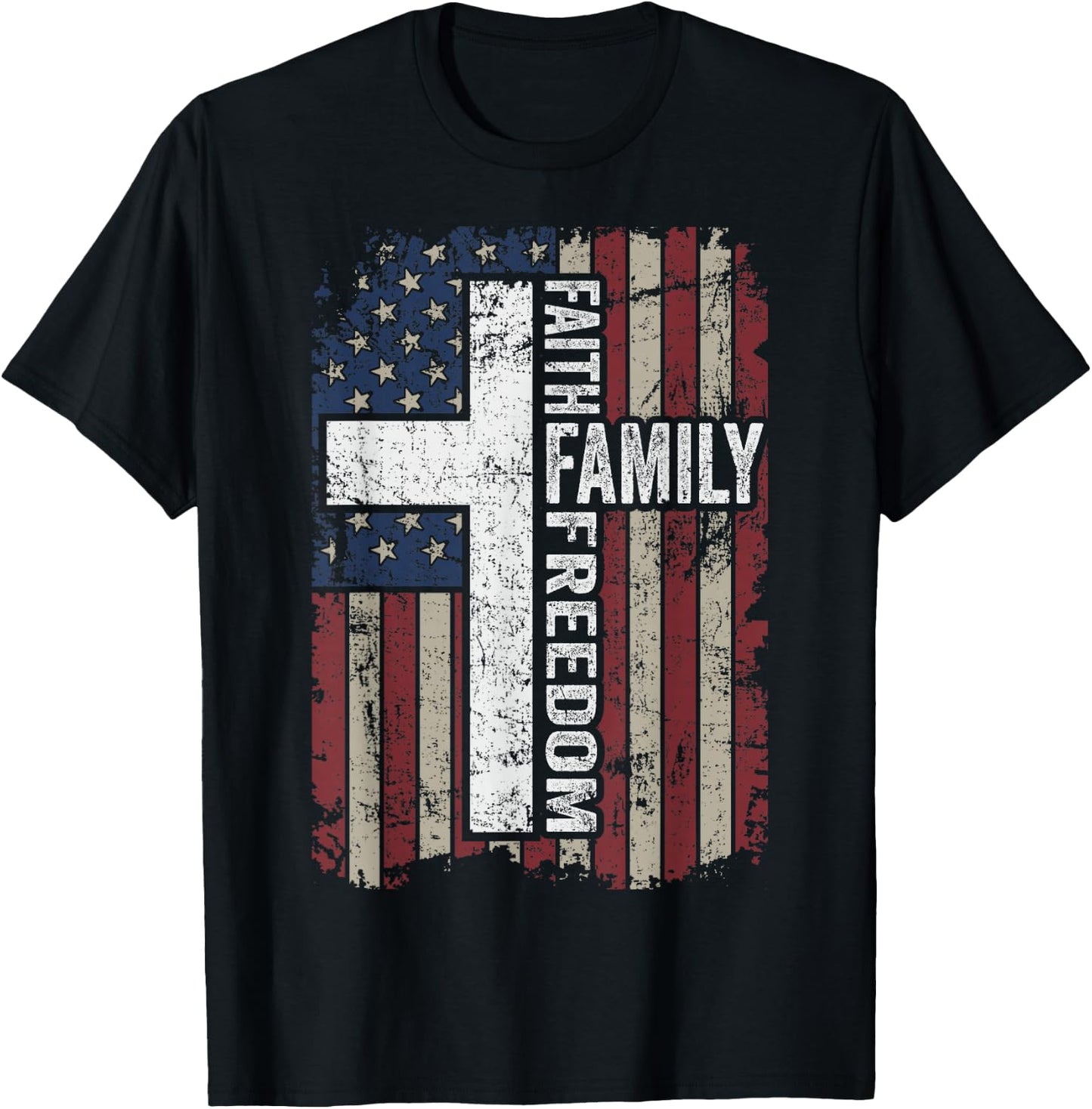 Faith Family Freedom - Patriotic Christian Vintage USA Flag T-Shirt - T-Shirt | Black