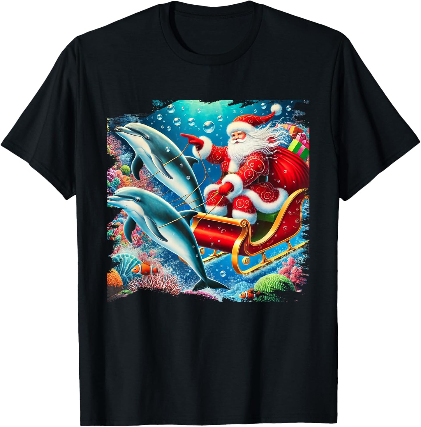 Santa Riding Dolphin Reindeer, Ocean Christmas T-Shirt - T-Shirt | Black