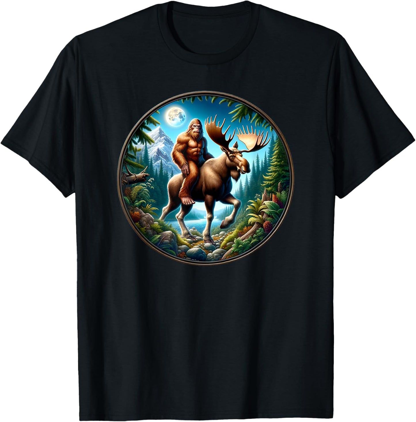 Bigfoot Riding a Moose, Sasquatch Cryptid Wilderness T-Shirt - T-Shirt | Black