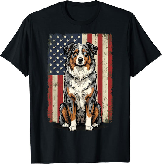 Australian Shepherd USA Flag 4th of July T-Shirt - T-Shirt | Black