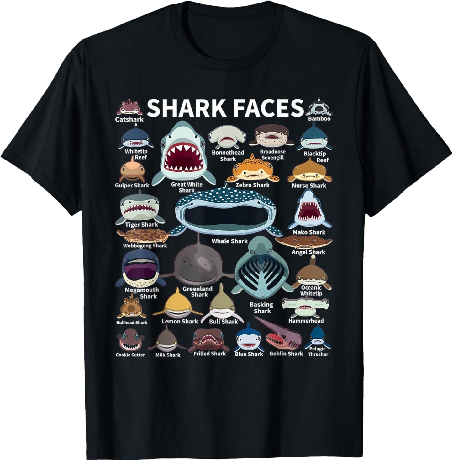 Shark Faces - Type of Shark - Shark Faces of All Kinds T-Shirt - T-Shirt | Black