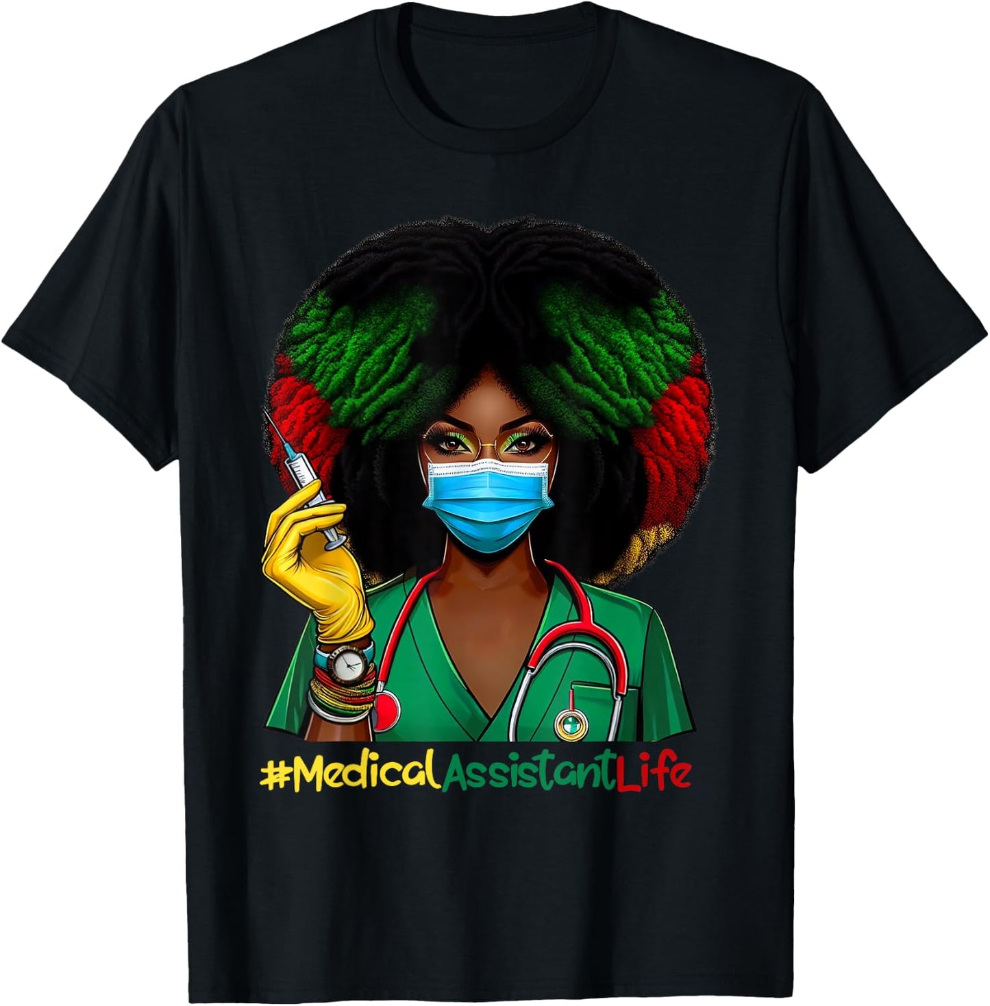 Medical Assistant Nurse Afro Woman Nursing Juneteenth T-Shirt - T-Shirt | Black