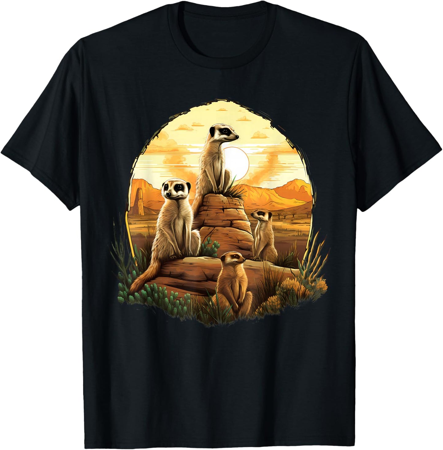 Meerkat Wildlife Savanna Sunset Artwork Colourful Drawing T-Shirt - T-Shirt | Black