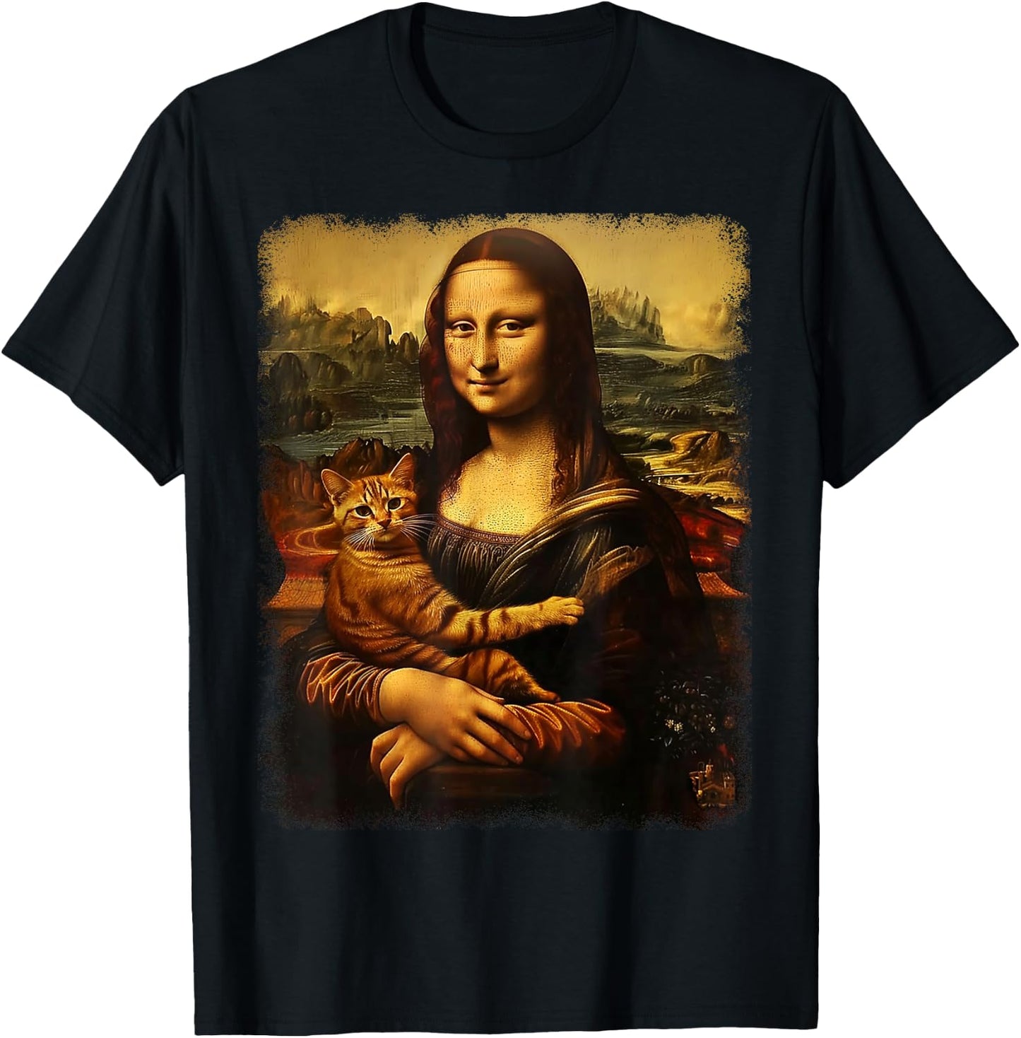 Mona Lisa With Cat Cat Print Black Small -Kids -Adults Short Sleeve T-Shirt - T-Shirt | Black
