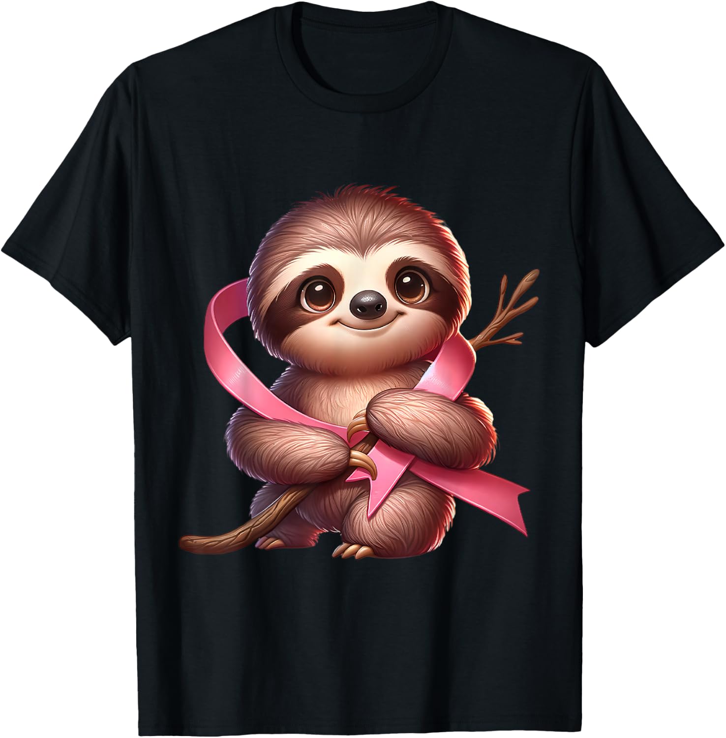 Breast Cancer Awareness Cute Sloth Pink Ribbon Animal T-Shirt - T-Shirt | Black