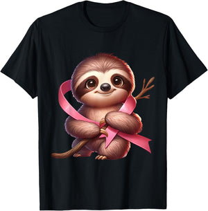 Breast Cancer Awareness Cute Sloth Pink Ribbon Animal T-Shirt - T-Shirt | Black