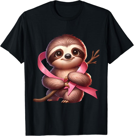 Breast Cancer Awareness Cute Sloth Pink Ribbon Animal T-Shirt - T-Shirt | Black