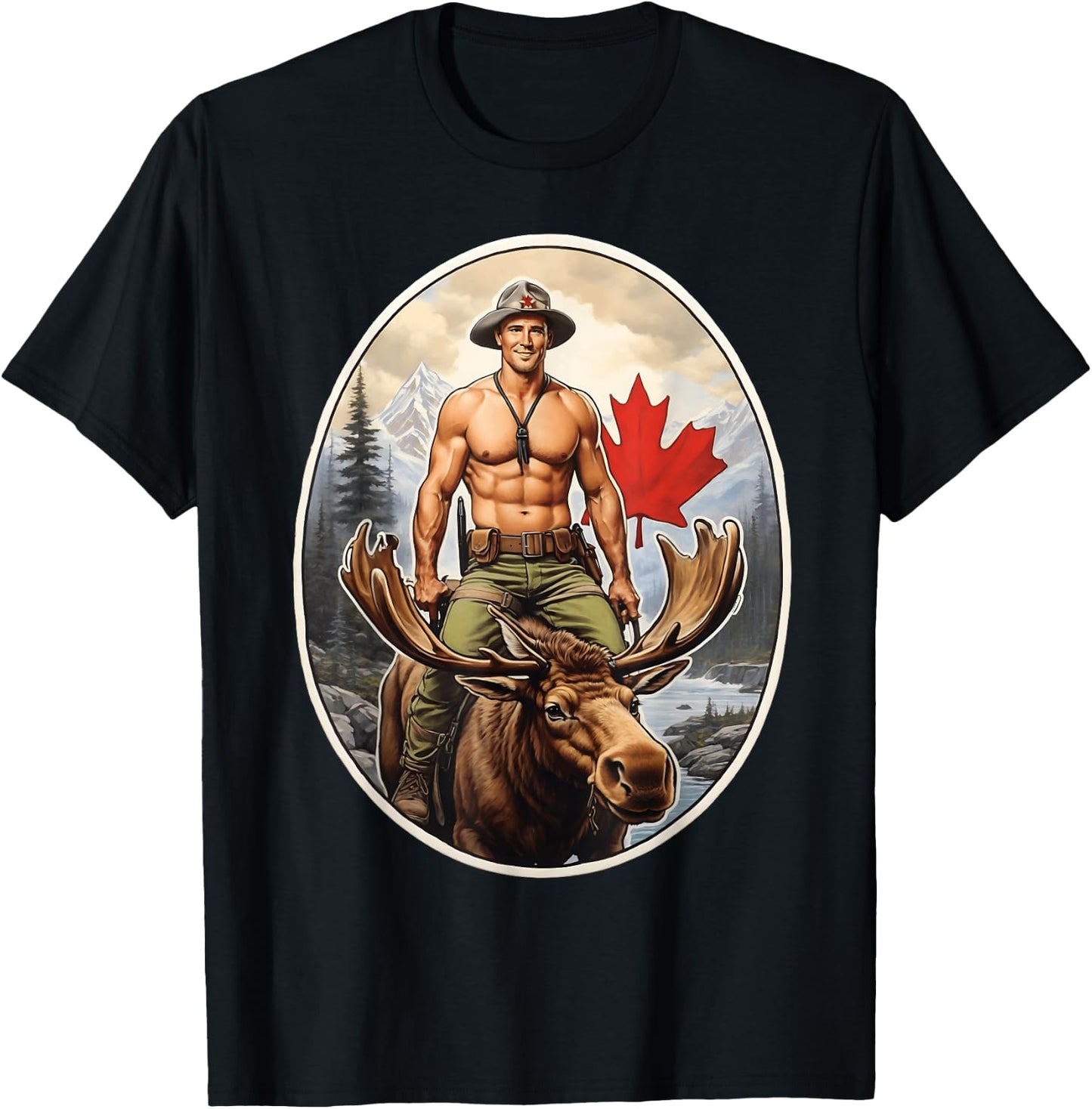 Canadian Mountie Adventure - Shirtless Rider Majestic Moose T-Shirt - T-Shirt | Black