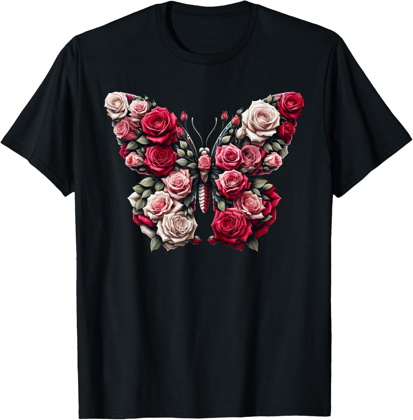 Rose Butterfly Flower Gardening Floral T-Shirt - T-Shirt | Black