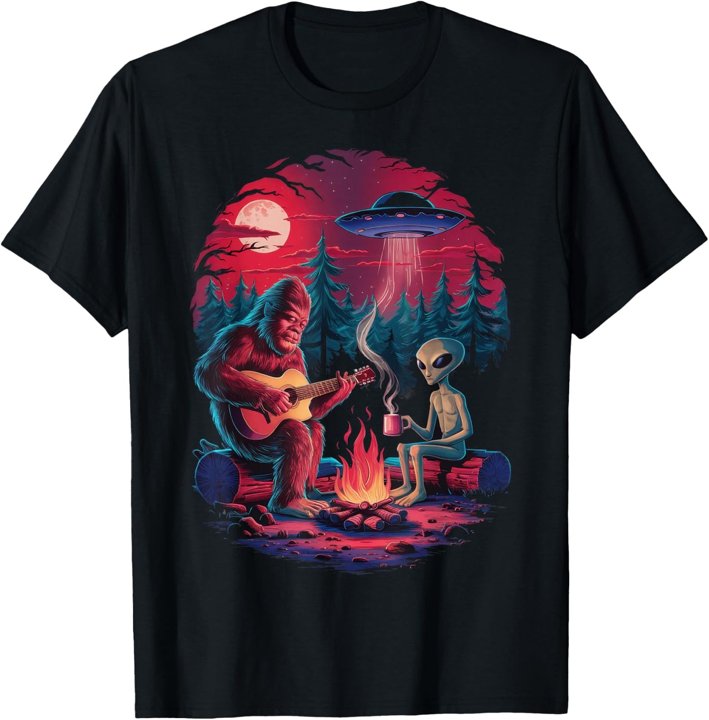 Funny Alien and Bigfoot Campfire Moon UFO Adventure Hiking T-Shirt - T-Shirt | Black