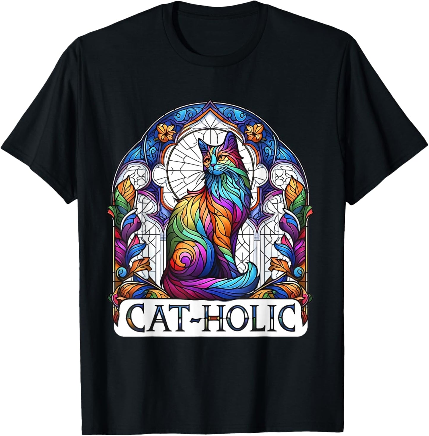Cat-holic. Funny Catholic. Stained Glass Cat. T-Shirt - T-Shirt | Black