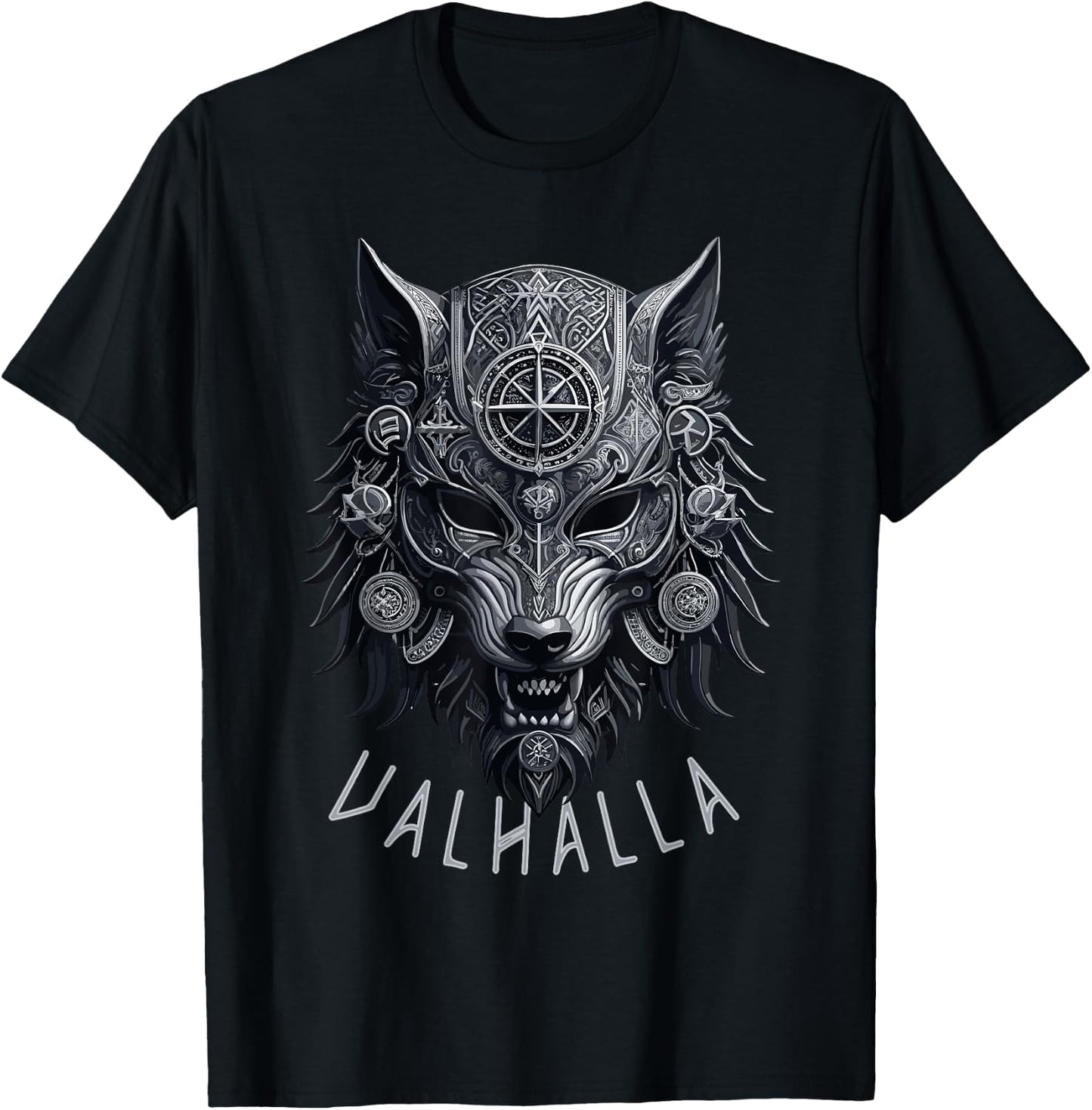 Valhalla Wolf Mask Odin Runes Norse Compass Viking Men Women T-Shirt - T-Shirt | Black