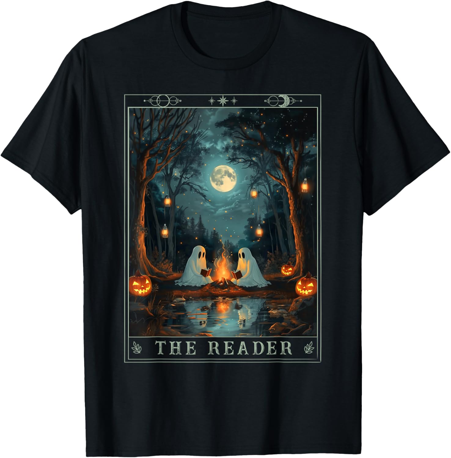 The Reader Bookish Cute Spooky Ghost Reading Book Tarot Card T-Shirt - T-Shirt | Black