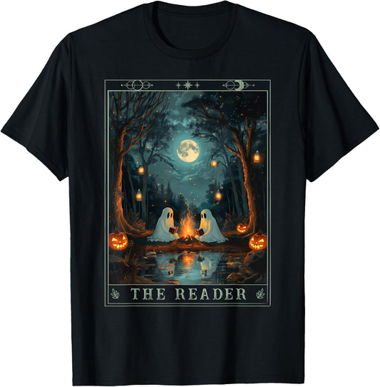 The Reader Bookish Cute Spooky Ghost Reading Book Tarot Card T-Shirt - T-Shirt | Black