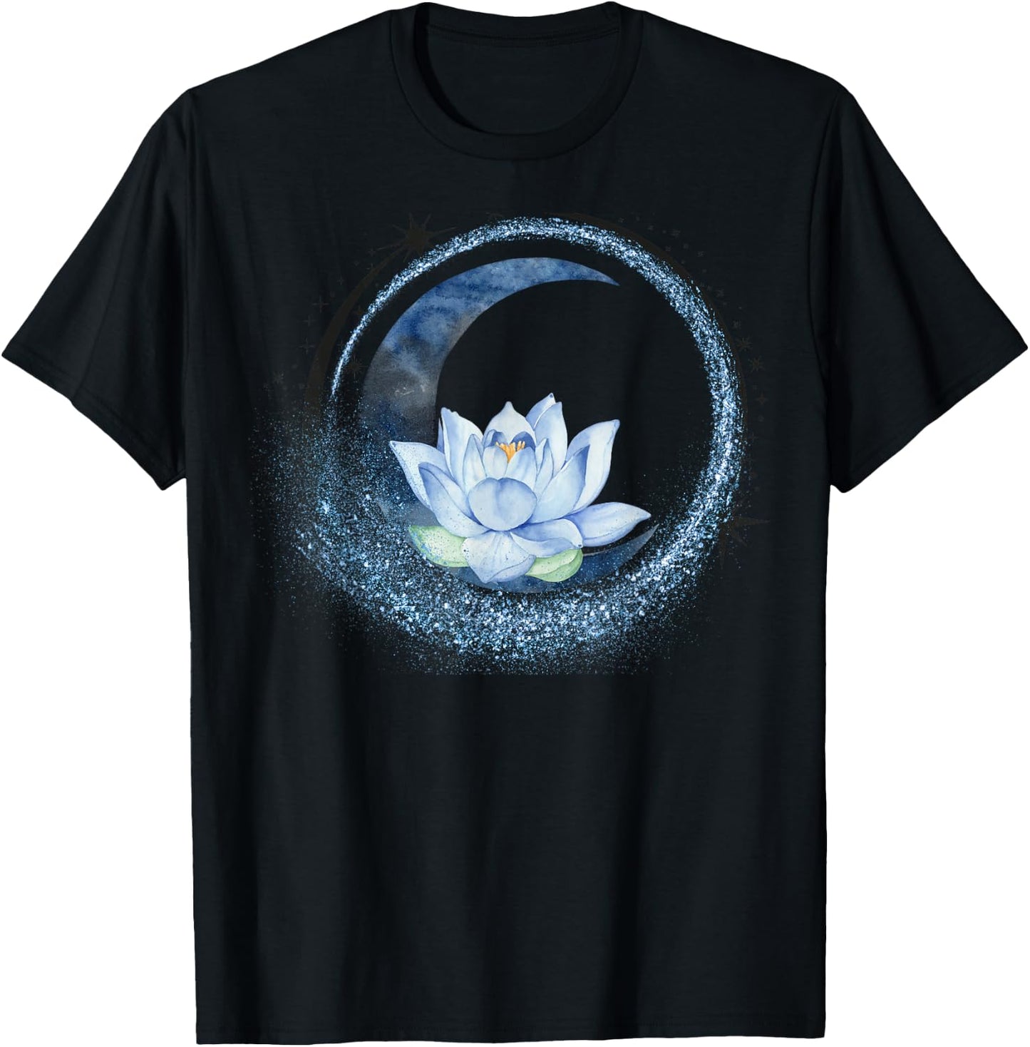 Crescent Moon and Circle of Stars with Lotus Flower Graphic T-Shirt - T-Shirt | Black