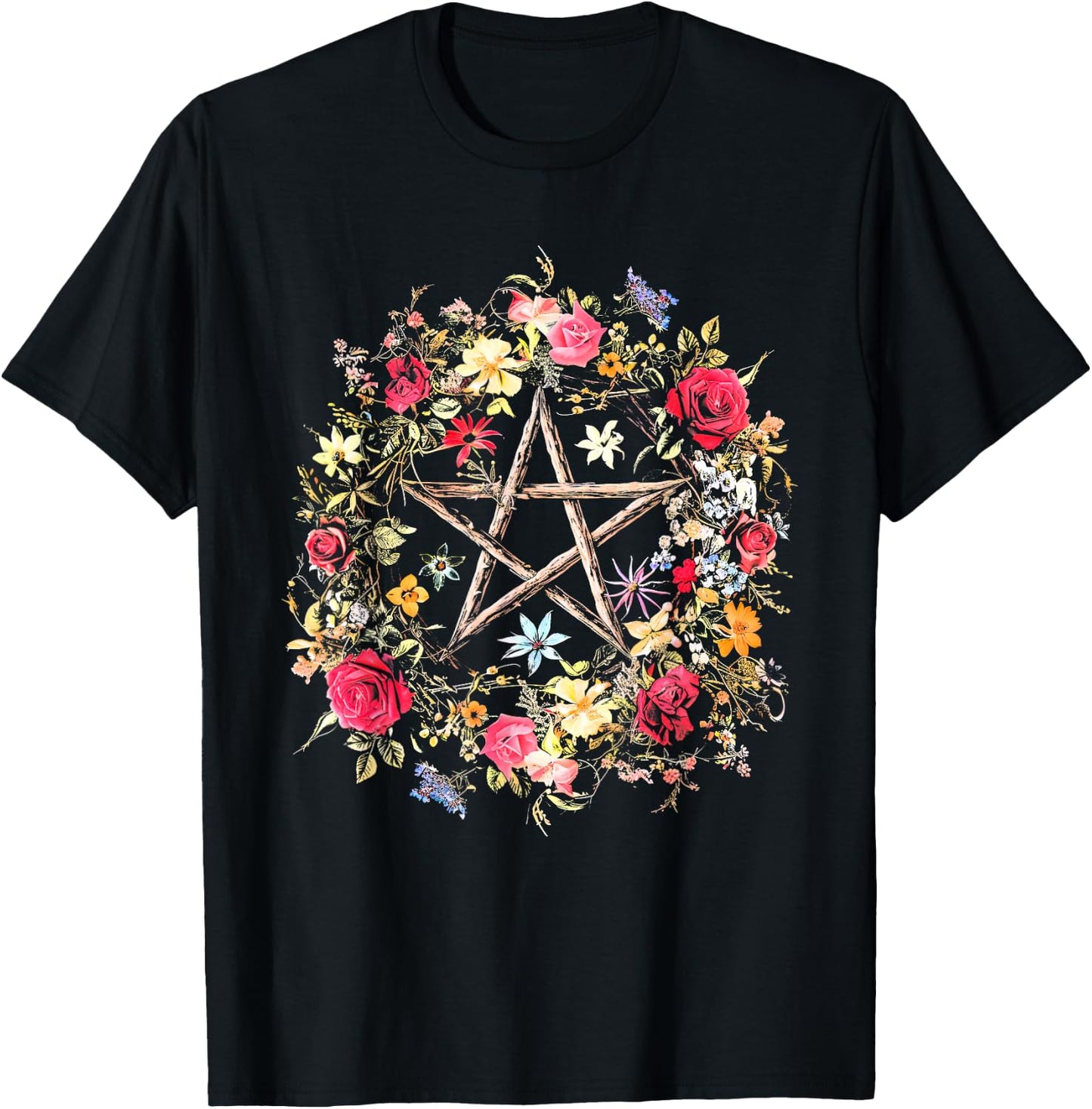 Boho Flower Pentagram Witchy Wicca Witchcraft Pagan Occult T-Shirt - T-Shirt | Black