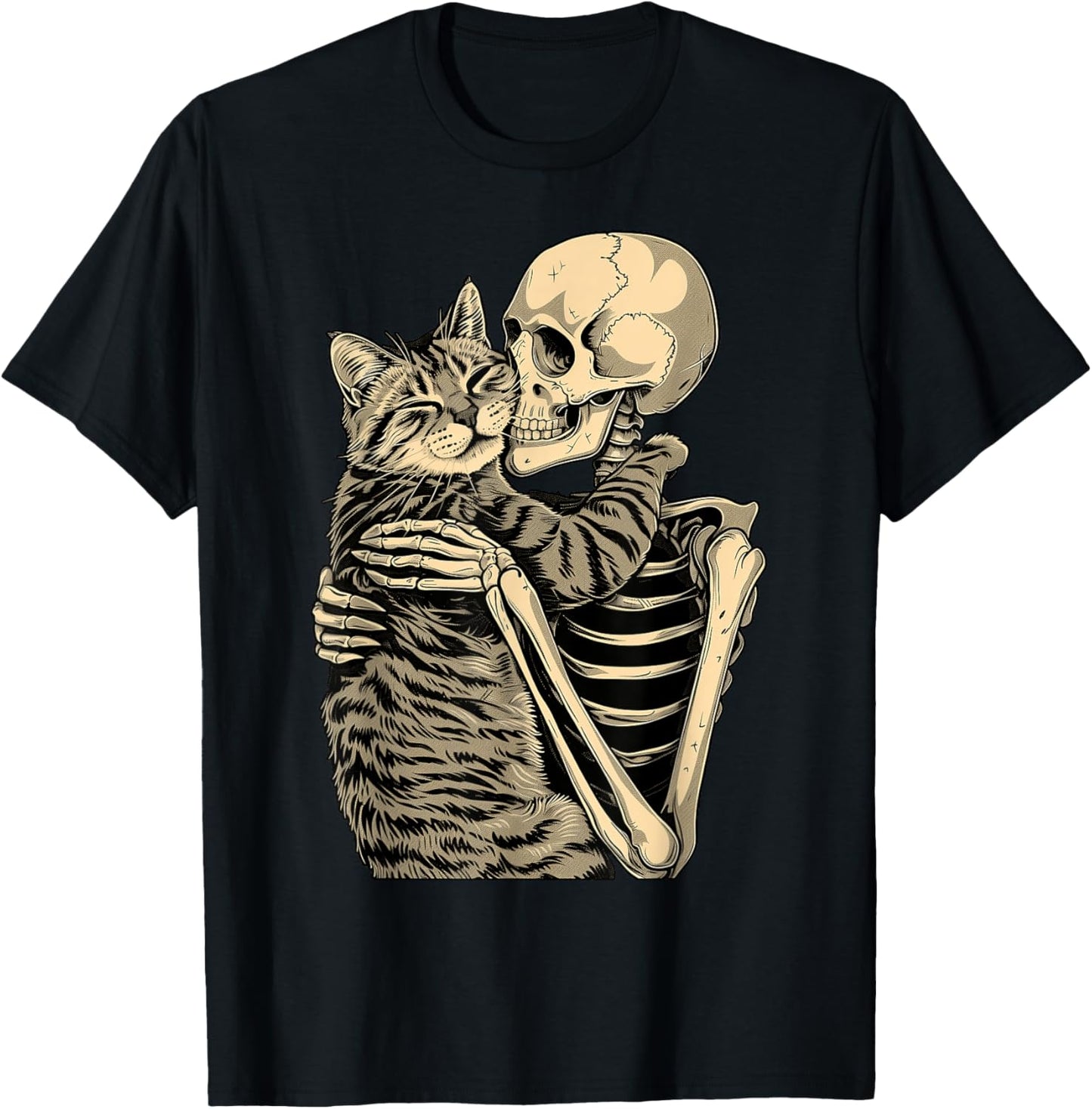 Skeleton Hugging Cat Halloween for Cat Lovers T-Shirt - T-Shirt | Black