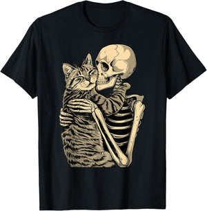 Skeleton Hugging Cat Halloween for Cat Lovers T-Shirt - T-Shirt | Black