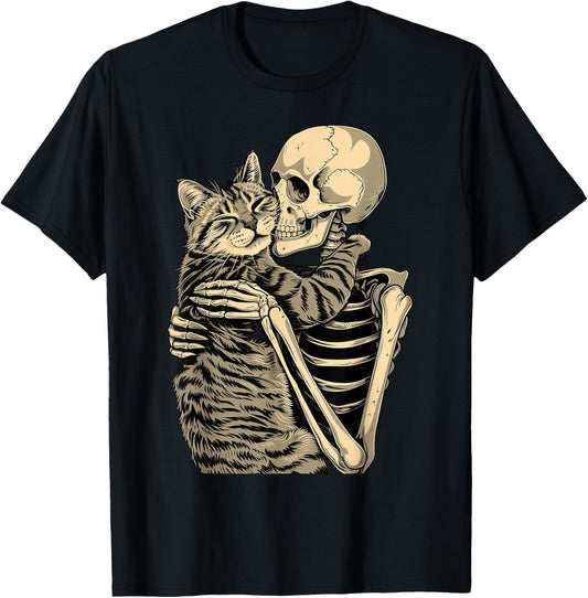 Skeleton Hugging Cat Halloween for Cat Lovers T-Shirt - T-Shirt | Black