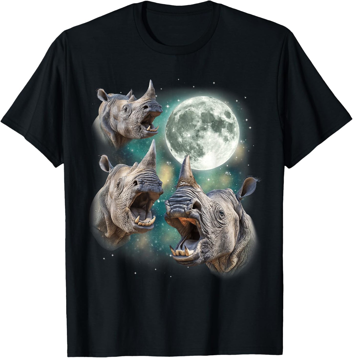 Three Rhino Moon | 3 Howling Rhinos Safari Animal Parody T-Shirt - T-Shirt | Black