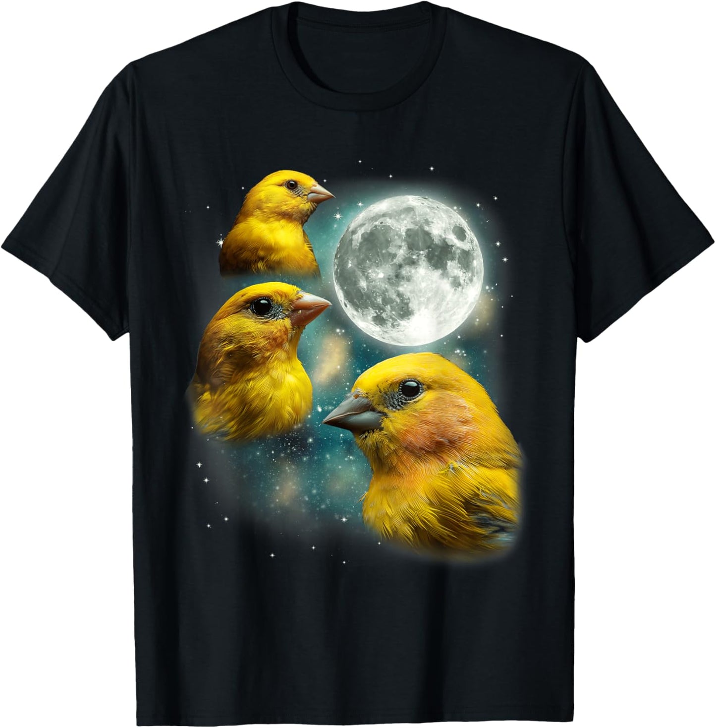 Three Canary Moon | 3 Canaries On A Magical Night Cute Bird T-Shirt - T-Shirt | Black
