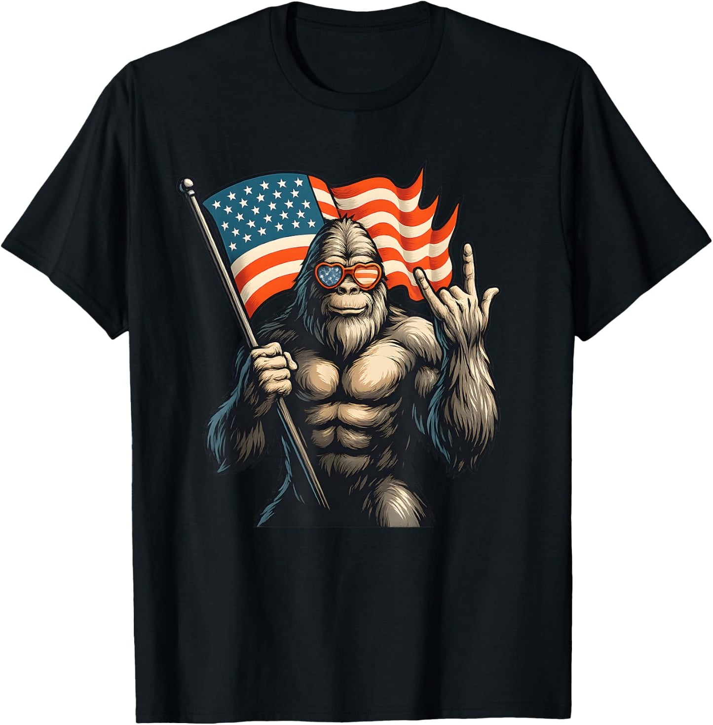 Patriotic Bigfoot Holding USA Flag Rock Hand Sunglasses T-Shirt - T-Shirt | Black