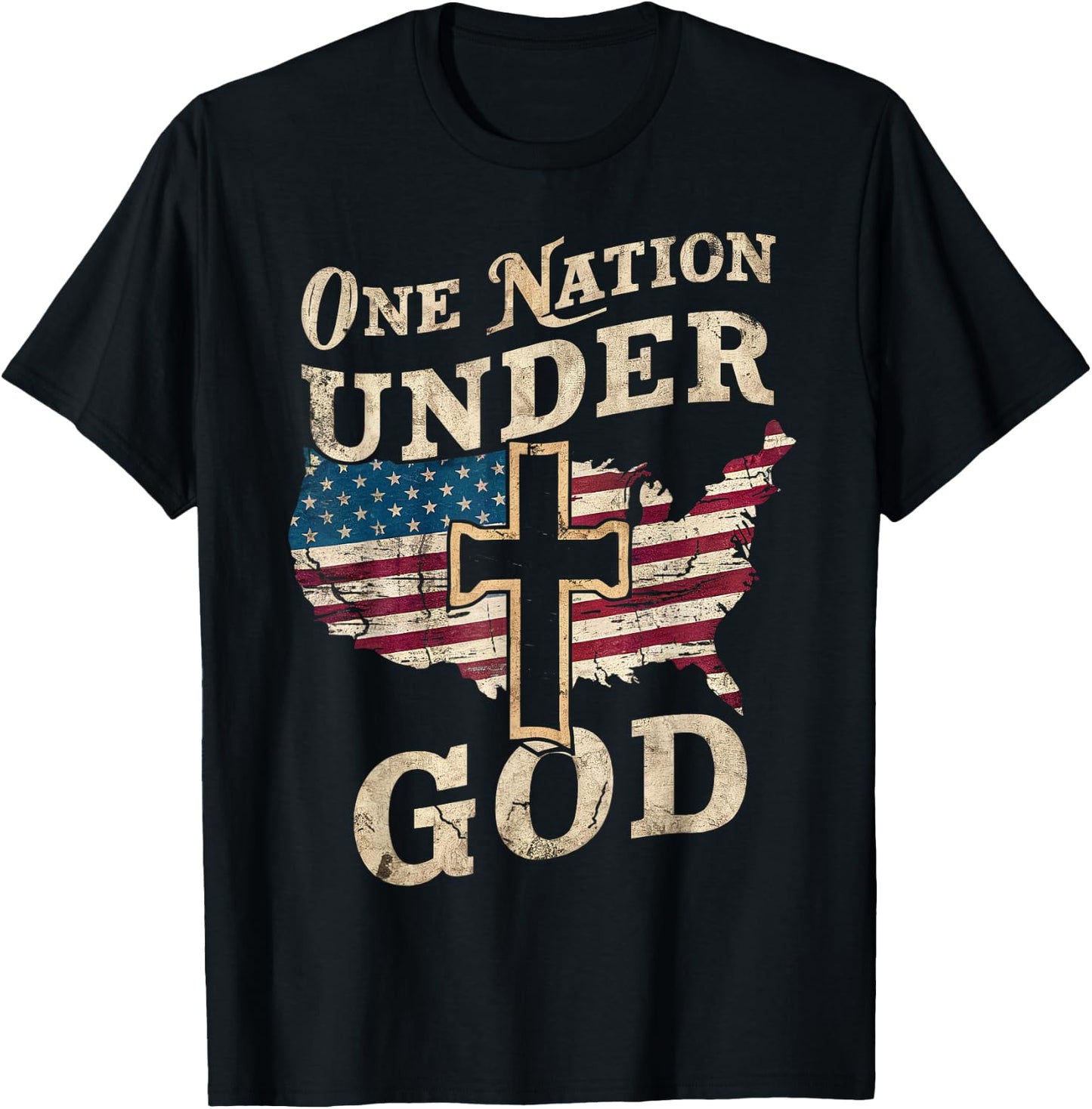 One Nation Under God Cross American Flag Patriotic Christian Women Men T-Shirt - T-Shirt | Black