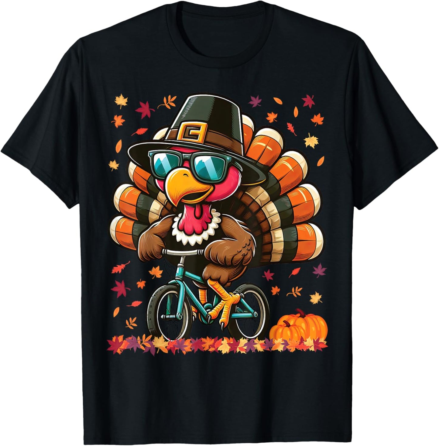 Funny Thanksgiving Turkey with Pilgrim Hat Riding Bicycle T-Shirt - T-Shirt | Black