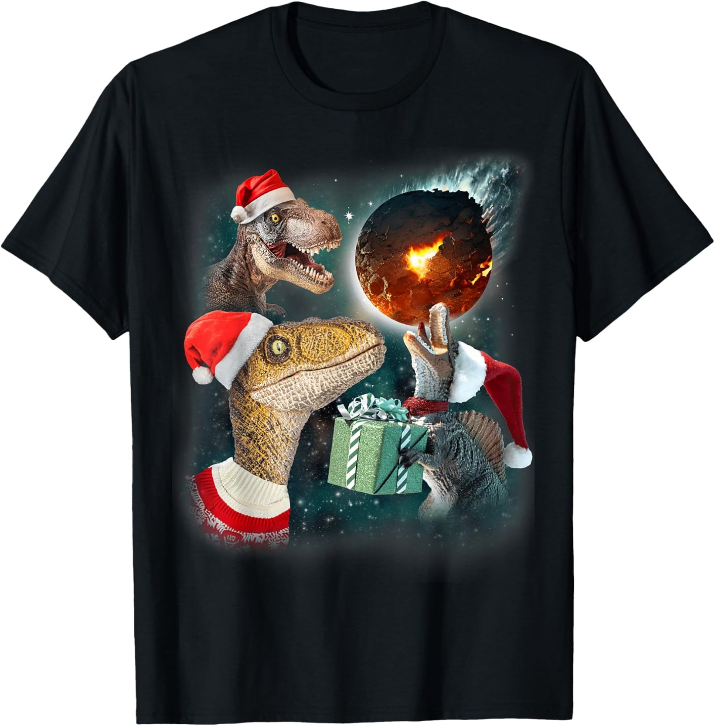 Three Rex Moon | 3 Dinos Howling Weird Cursed Christmas Meme T-Shirt - T-Shirt | Black