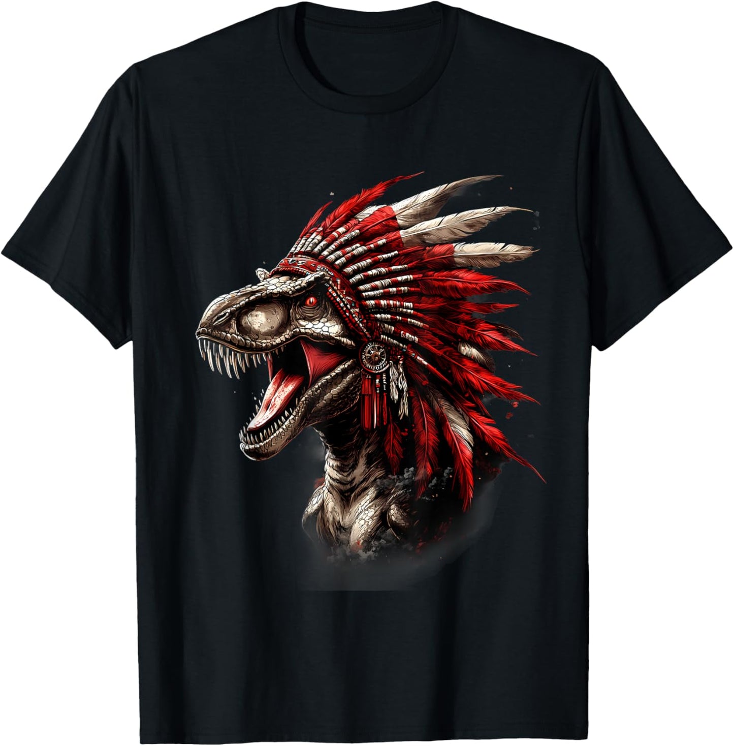 Native American Feather Headdress Dino T-Rex Artwork T-Shirt - T-Shirt | Black